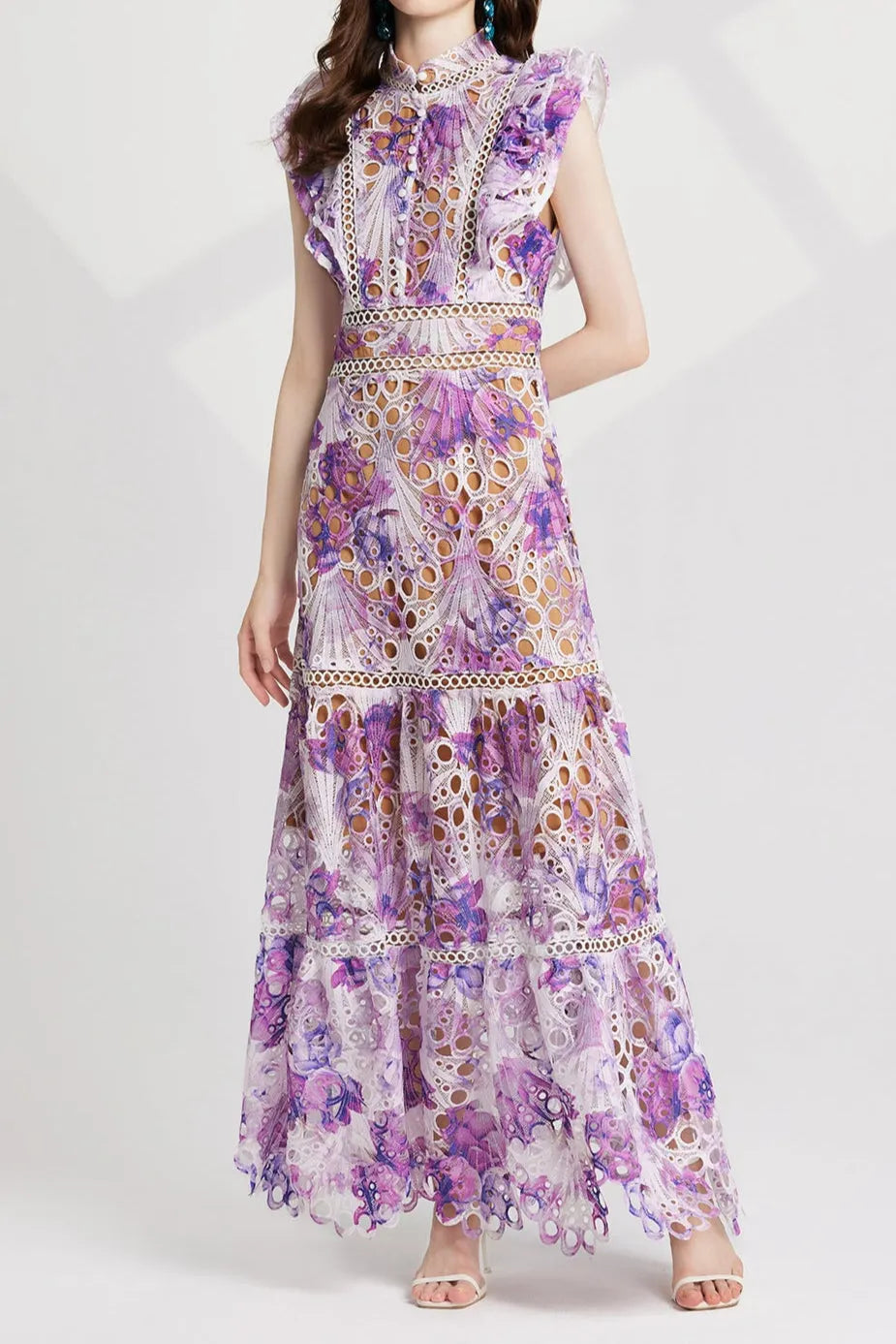 chloe hollow out flower embroidery maxi dress in purple Flowering Girl