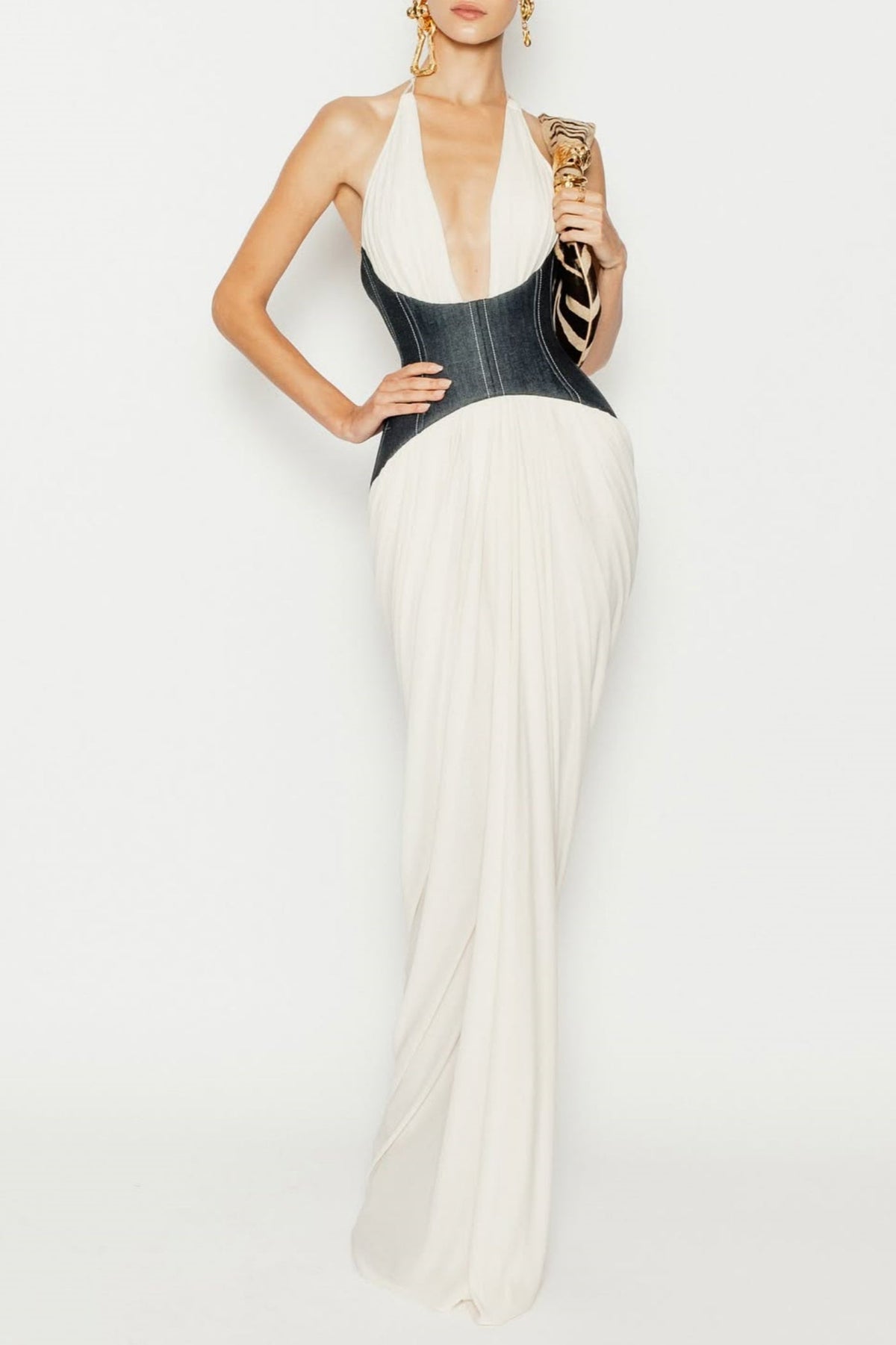 Daryle Halter Denim Corset Ruched Maxi Dress Flowering Girl