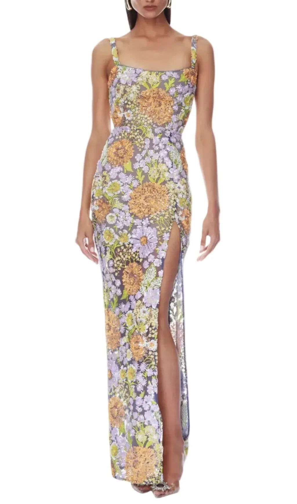 Armida Floral Sequin Slit Maxi Dress Flowering Girl