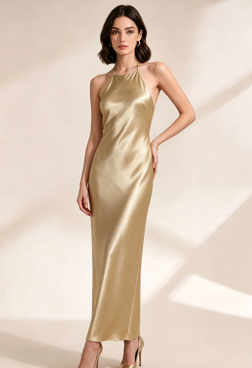 Gold Satin Column Evening Gown Flowering Girl