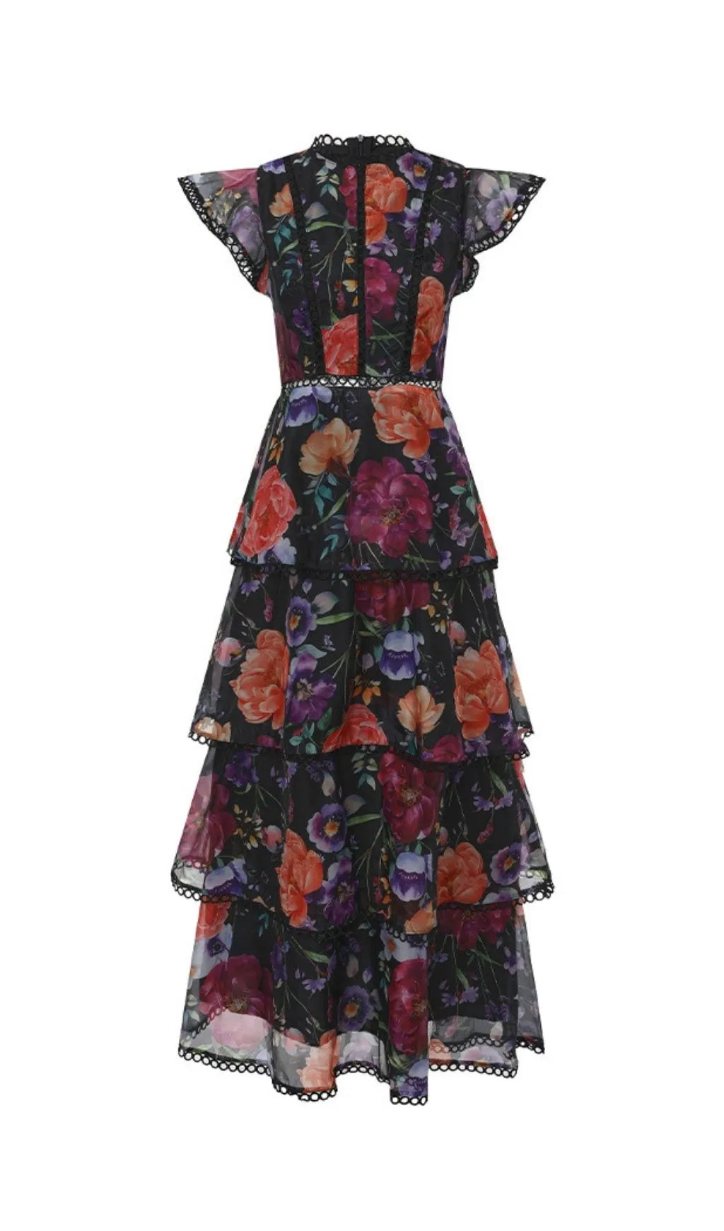 Black Floral Print Tiered Ruffle Maxi Dress Flowering Girl