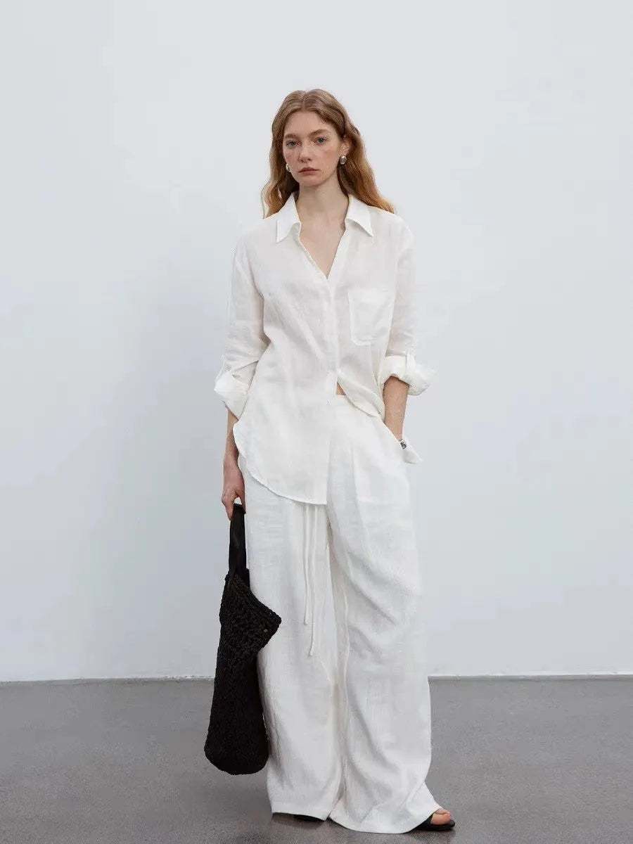 White V-Neck Linen Long-Sleeved Shirt Flowering Girl