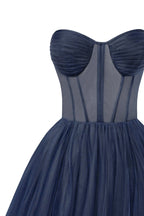 Navy Strapless Puffy Midi Tulle Dress Flowering Girl