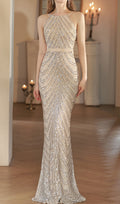 Colombe Champagne Halter Sequin Maxi Dress Flowering Girl
