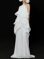 Kaelum Backless Ruffle Maxi Dress In White Flowering Girl
