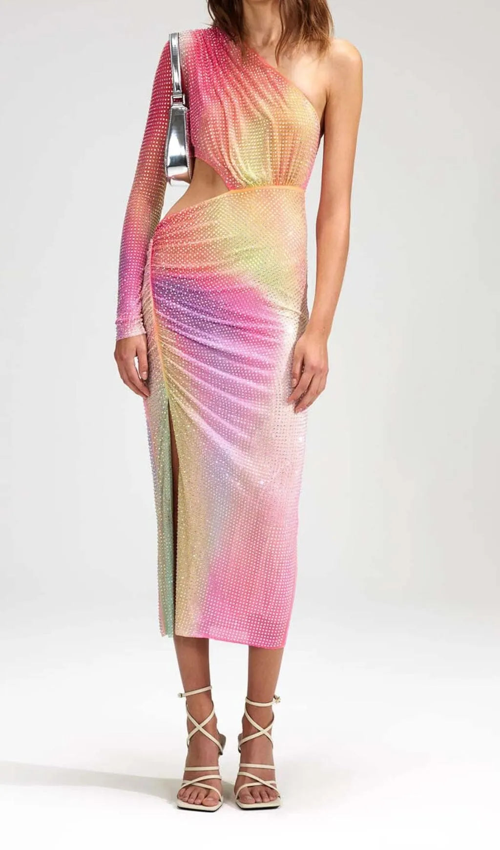 Mesh Rhinestone One Shoulder Midi Dress In Cotton Candy Flowering Girl