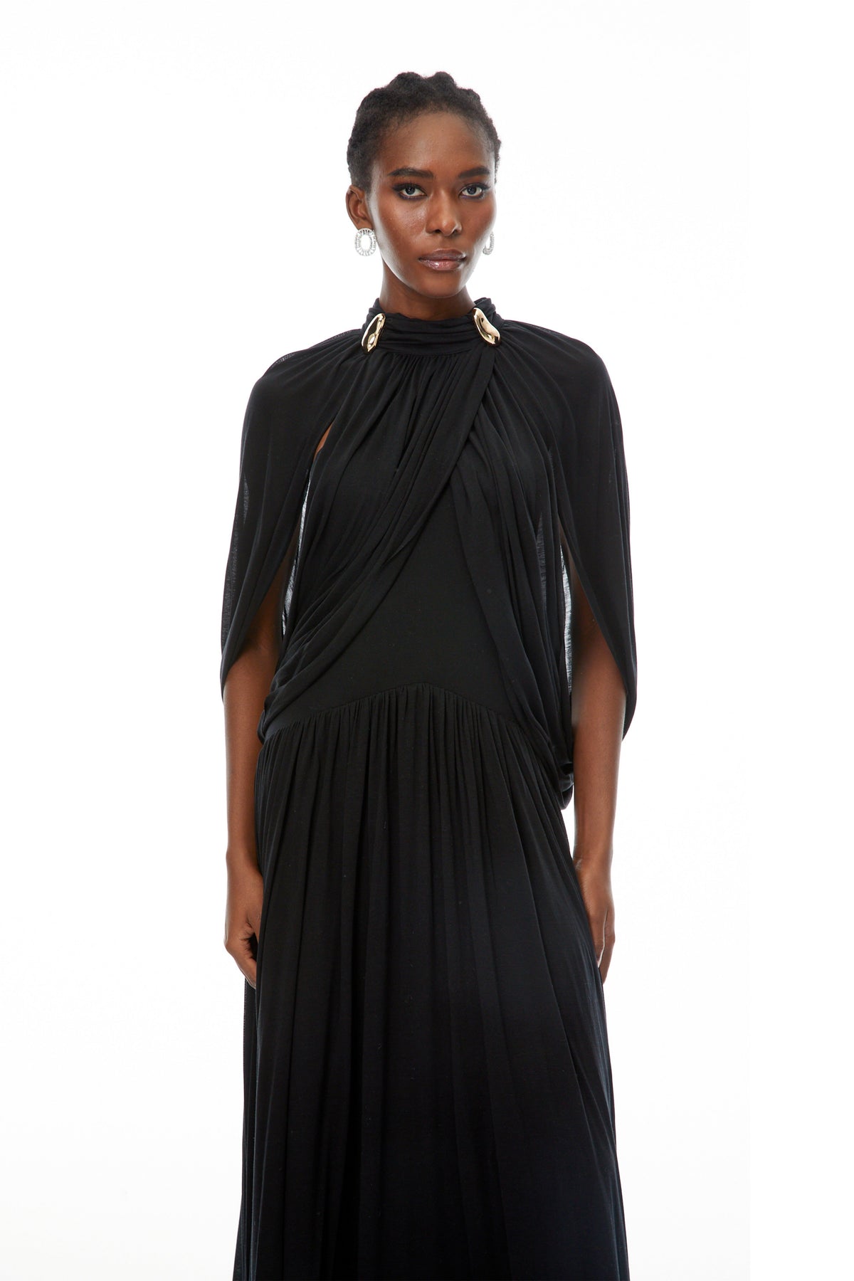 Leona Black Draped Cape Sleeve Knit Maxi Dress Flowering Girl
