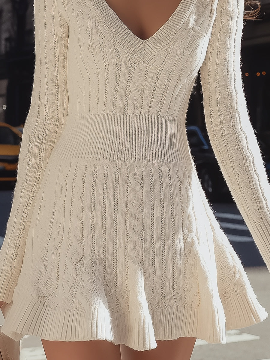 Cozy Cable Knit Sweater Dress With V-Neck And Flare Hem Flowering Girl