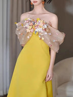 Bright Yellow Satin Strapless Maxi Gown With 3D Colorful Floral Tulle Bust Flowering Girl