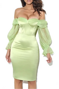 Satin Strapless Puff Sleeve Mini Dress In Mint Flowering Girl