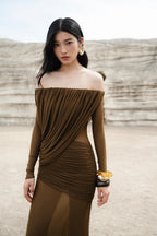 Cara Off-Shoulder Long Sleeve Pleated Mesh Maxi Dress In Brown Flowering Girl