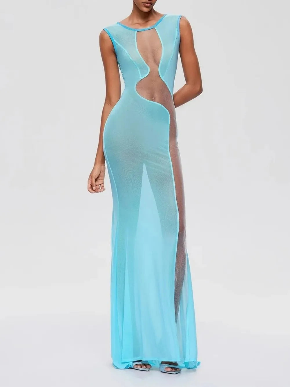 Furaira Sleeveless See Through Maxi Dress In Sky Blue Flowering Girl