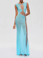 Furaira Sleeveless See Through Maxi Dress In Sky Blue Flowering Girl