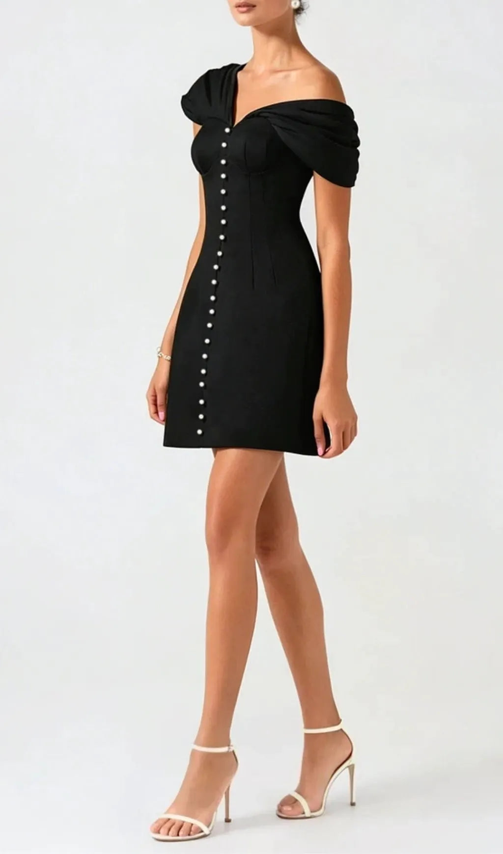 Luzasa Off Shoulder Buttoned Mini Dress - Black Flowering Girl