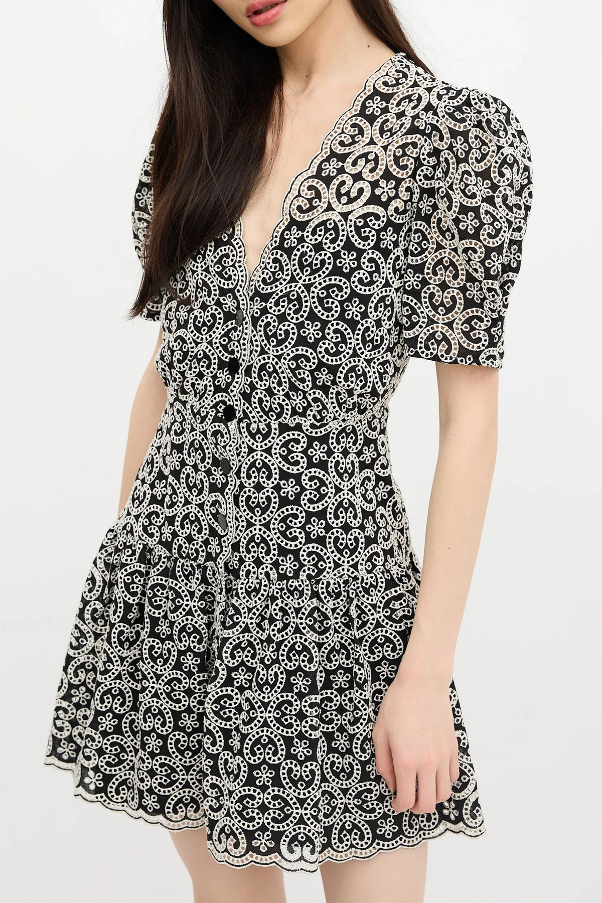 Black v-Neckline Guipure Mini Dress Flowering Girl