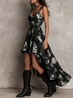 Black Bohemian Floral Print Irregular Strapless Maxi Dress Flowering Girl