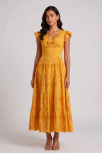 Scallop V-Neck Ruffle Sleeve Eyelet Tiered Midi Dress Flowering Girl