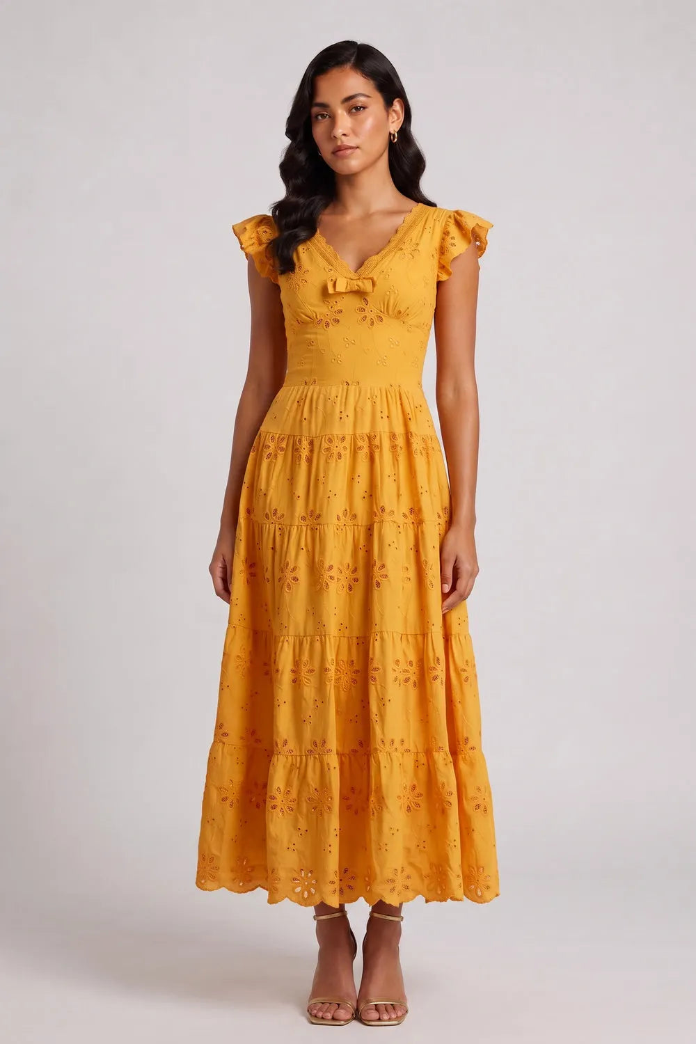 Scallop V-Neck Ruffle Sleeve Eyelet Tiered Midi Dress Flowering Girl