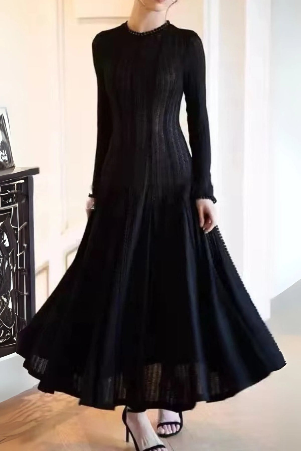 Black Crochet Lace Maxi Dress With Sleeves Flowering Girl