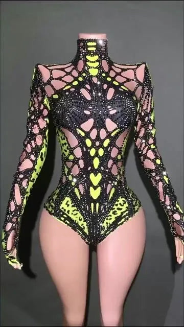 Hooang Green Long Sleeve Crystal Bodysuit Flowering Girl
