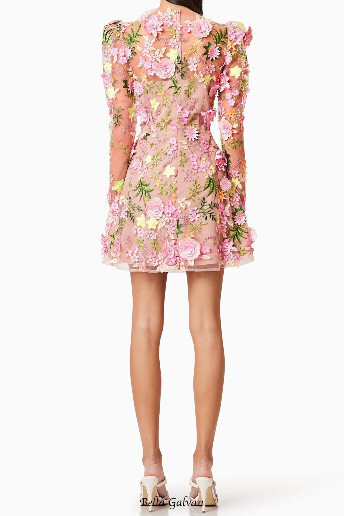 caitlin A-line Floral long sleeve Mini Dress In Pink Flowering Girl