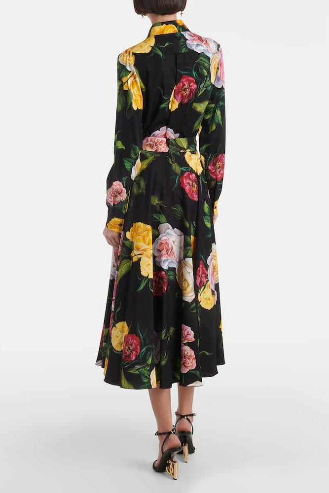 Black Floral Print Shirt & Midi Skirt Co-ord Set Flowering Girl