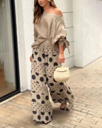 Casual Shoulder Top & Printed Pants Two-Piece Set Flowering Girl