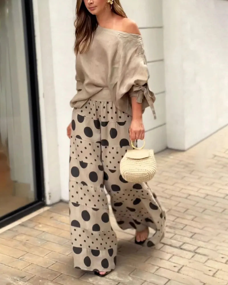 Casual Shoulder Top & Printed Pants Two-Piece Set Flowering Girl