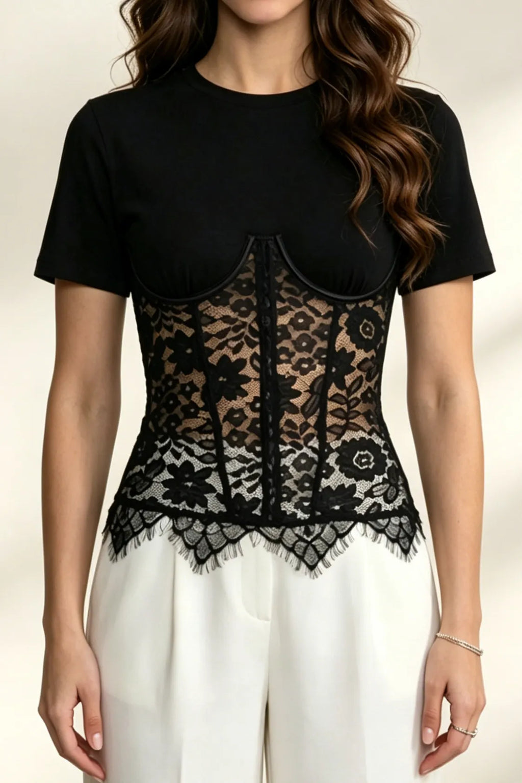 Black Spliced Floral Lace Corset Short Sleeve T-shirt Flowering Girl