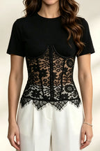 Black Spliced Floral Lace Corset Short Sleeve T-shirt Flowering Girl