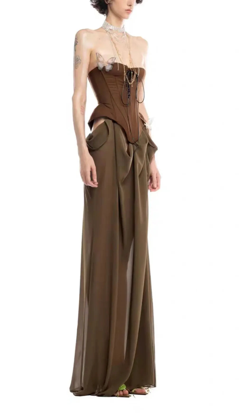 Edna Brown Strapless Corset Maxi Dress Flowering Girl