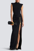 Black Sleeveless Zipper High Slit Elastic Jersey Maxi Dress Flowering Girl