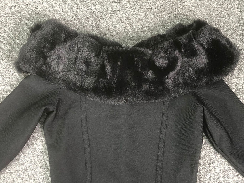 Fuzzy Trim Split Bodycon strapless midi Dress in black Flowering Girl