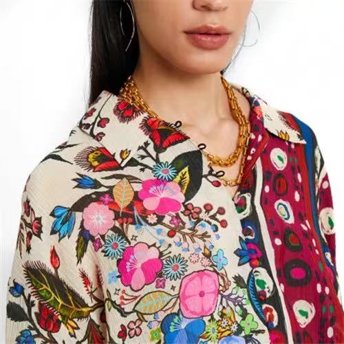 Multicolor Folk Floral Print Three-Quarter Sleeve Button-Down Shirt Flowering Girl
