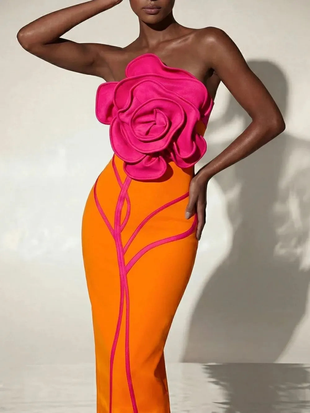 Caldren Strapless Flower Bandage Midi Dress In Orange Flowering Girl