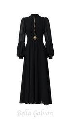 Lantern sleeve silk midi dress in black Flowering Girl