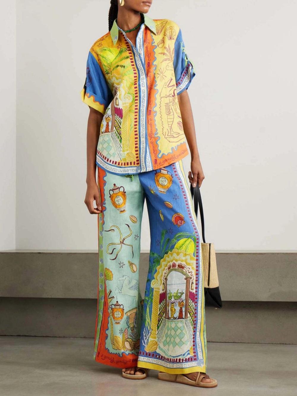 Summer Fantasy Print Short Sleeve Loose Top and Pants Set Flowering Girl