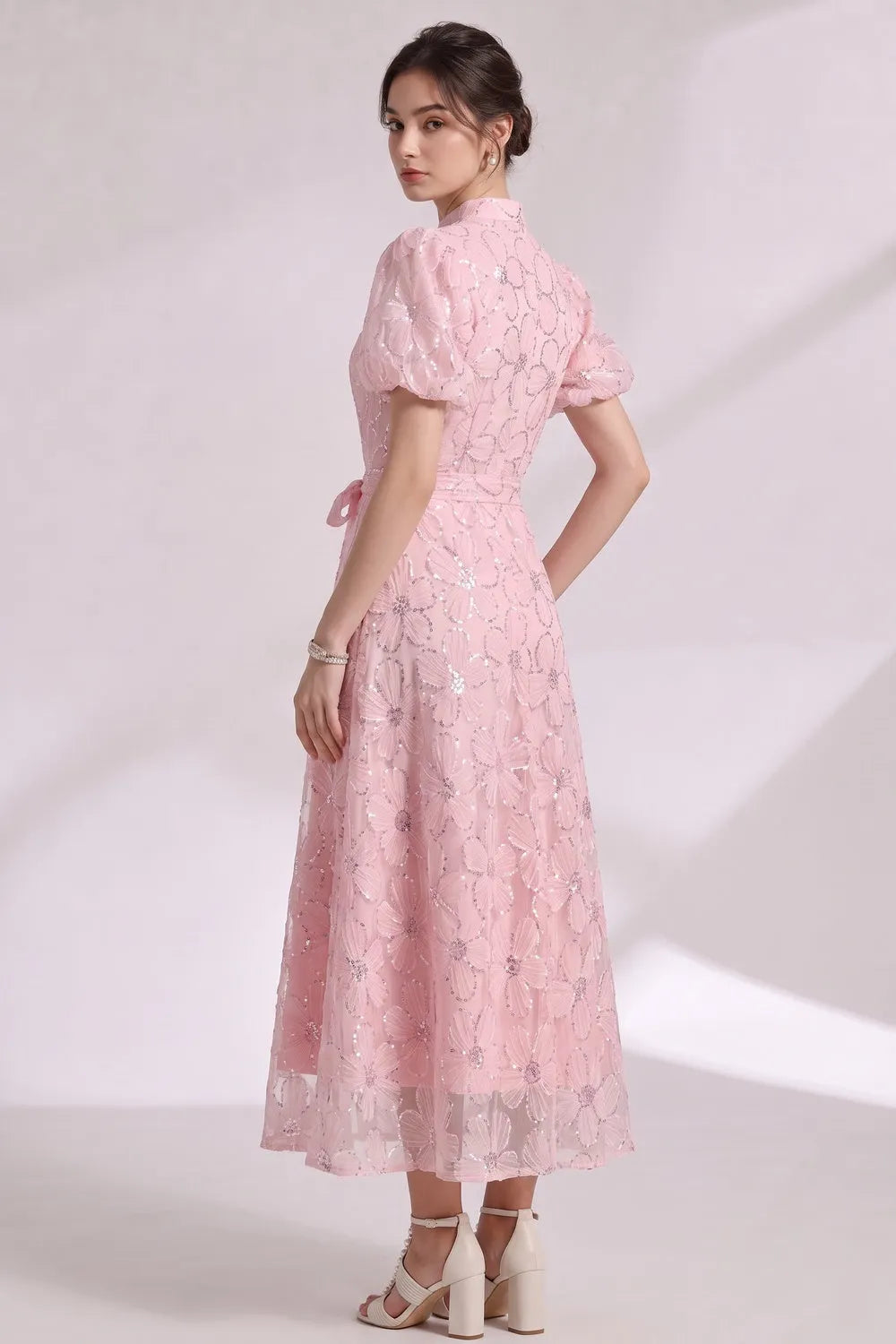 Light Pink Sheer Organza A-Line Midi Dress with Floral Applique Flowering Girl