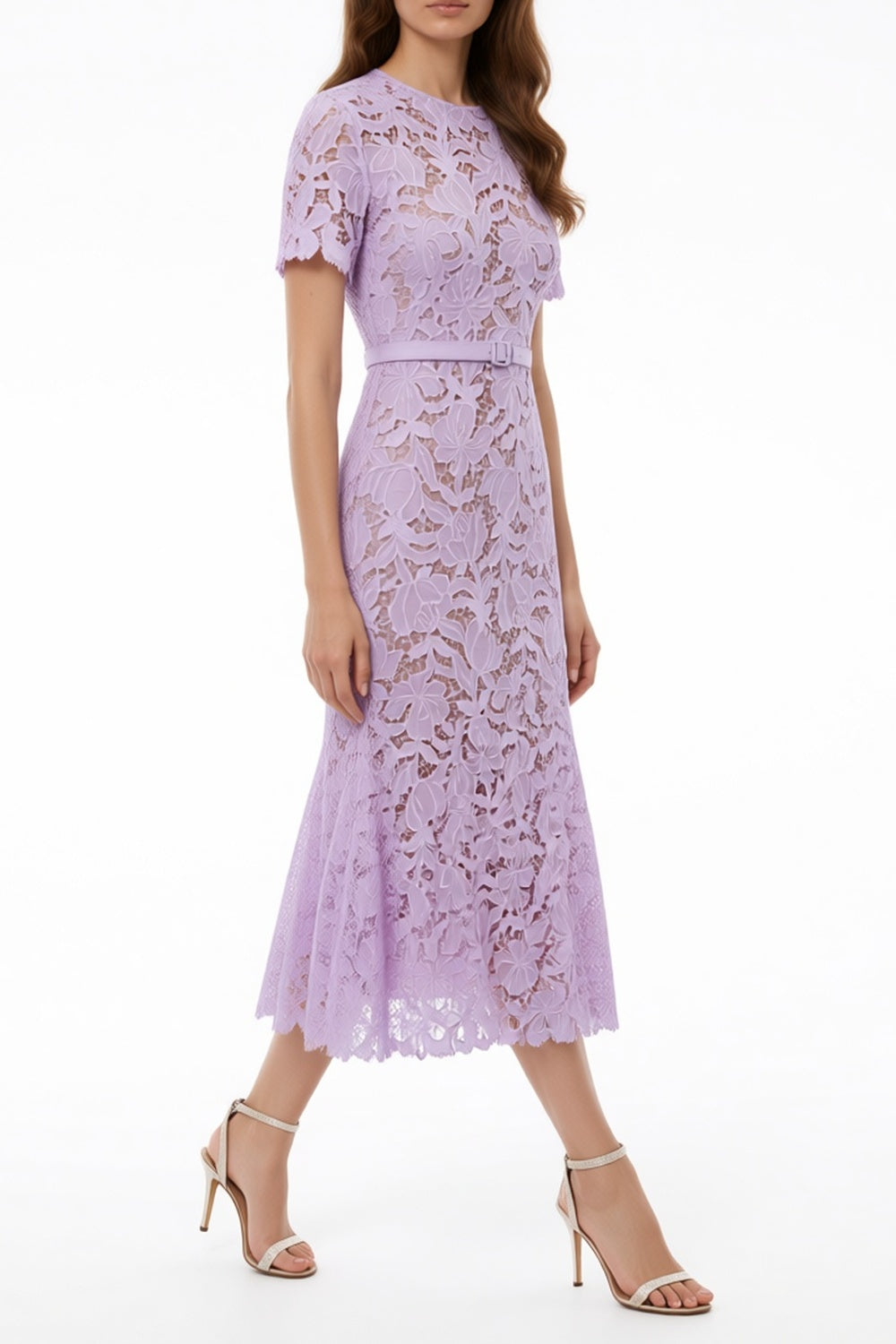 Lilac Short Sleeve Floral Lace Midi Dress Flowering Girl