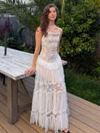 Marija White Spaghetti Mesh Maxi Dress Flowering Girl