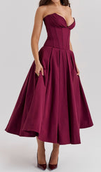 Devani Wine Strapless Corset Midi Dress Flowering Girl