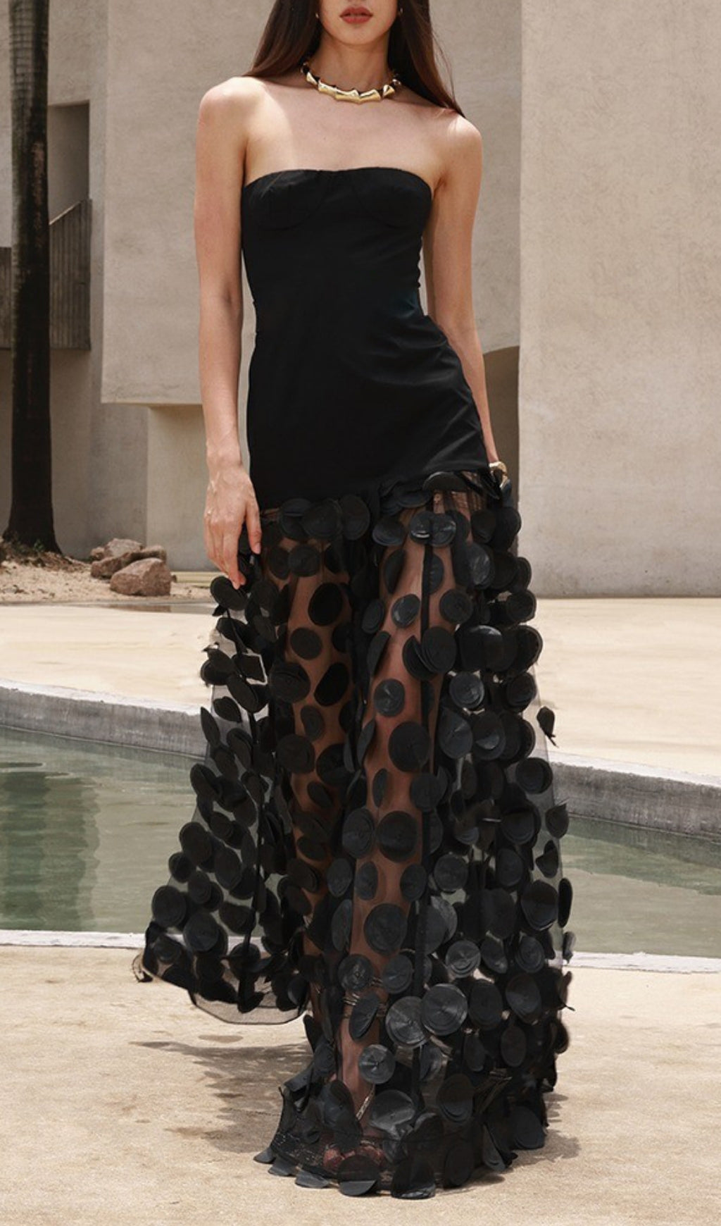 Duffy Black Strapless Mesh Dot Maxi Dress Flowering Girl