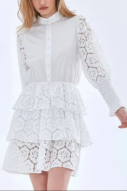 Vanessa Long Sleeves Layered Lace Mini Dress In White Flowering Girl