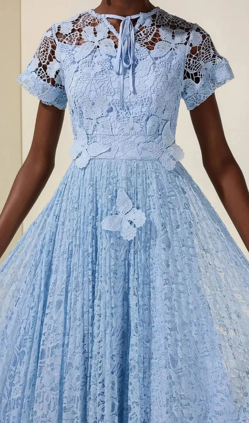 Selena Lace Butterfly Pleated Midi Dress - Blue Flowering Girl
