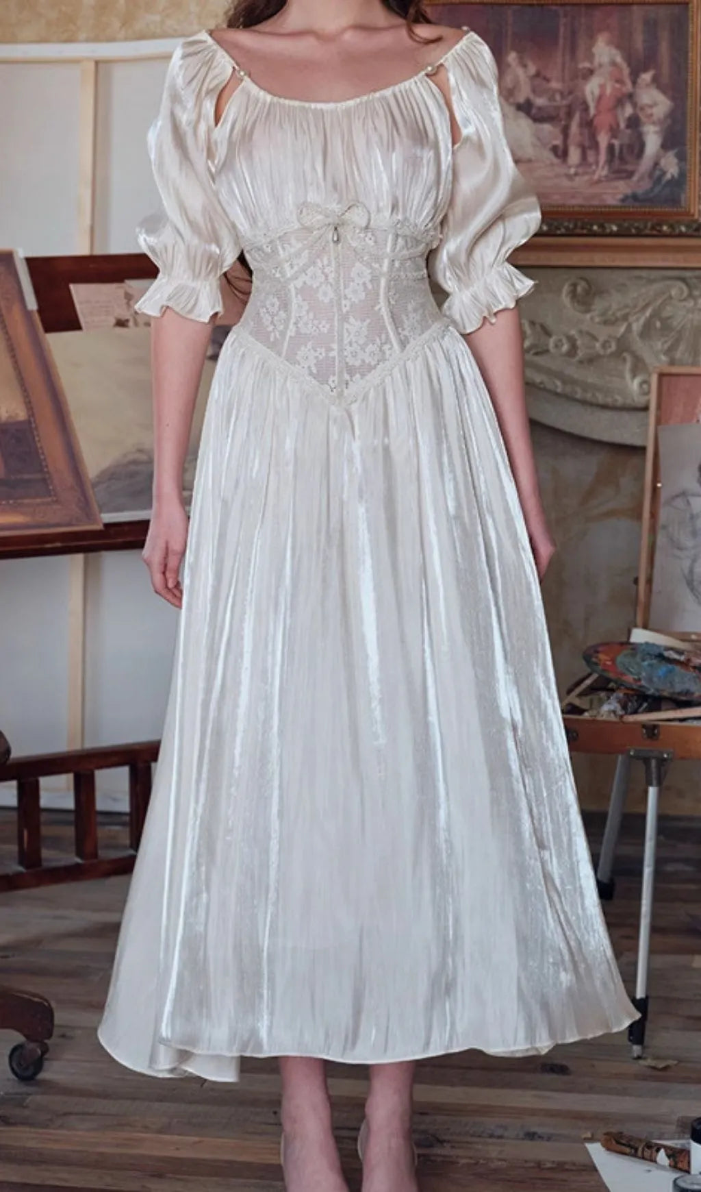 Square Neck Puff Sleeve Lace Satin Maxi Dress Flowering Girl