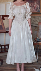 Square Neck Puff Sleeve Lace Satin Maxi Dress Flowering Girl