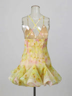 Mane Yellow Printed Mini Dress Flowering Girl