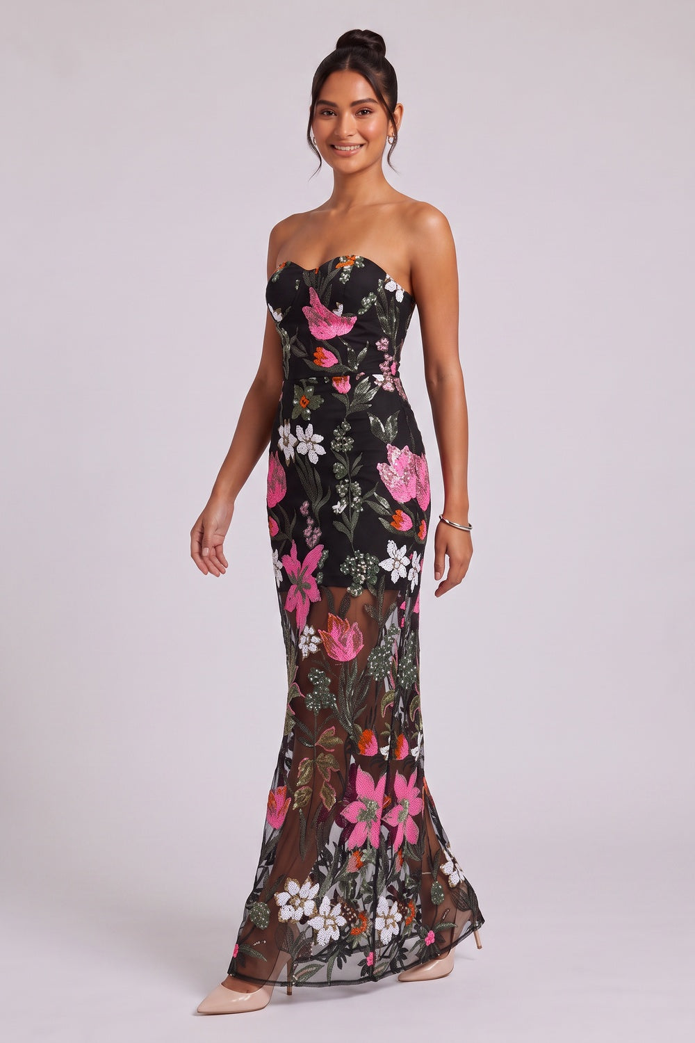 Black Floral Embroidered Mesh Column Dress Flowering Girl