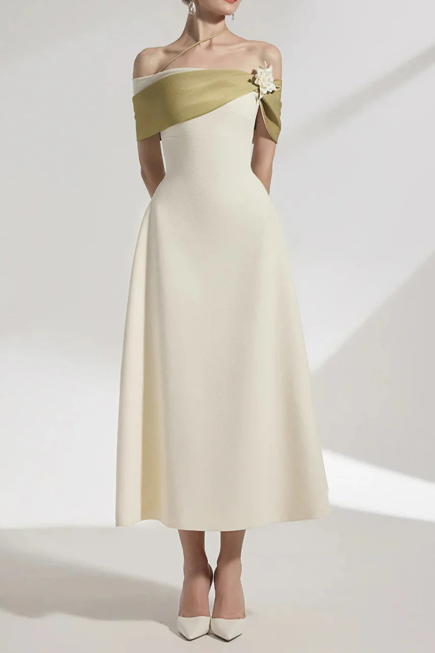 A-Line Open Shoulder Cotton Crepe Midi Dress In Beige Flowering Girl