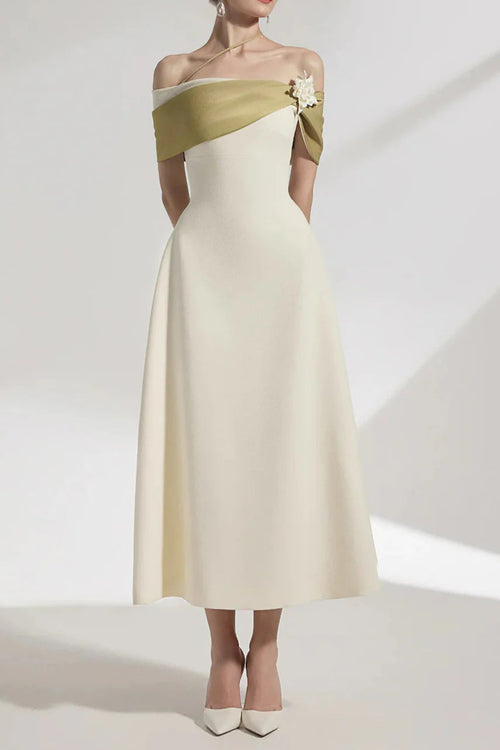 A-Line Open Shoulder Cotton Crepe Midi Dress In Beige Flowering Girl